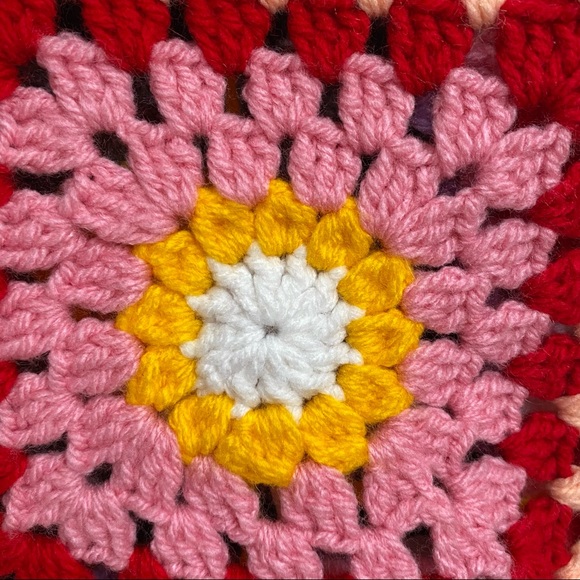 Handmade Crochet Granny Square Rainbow Daisy Sweater Vest Mock Neck Red Trim - Picture 4 of 7